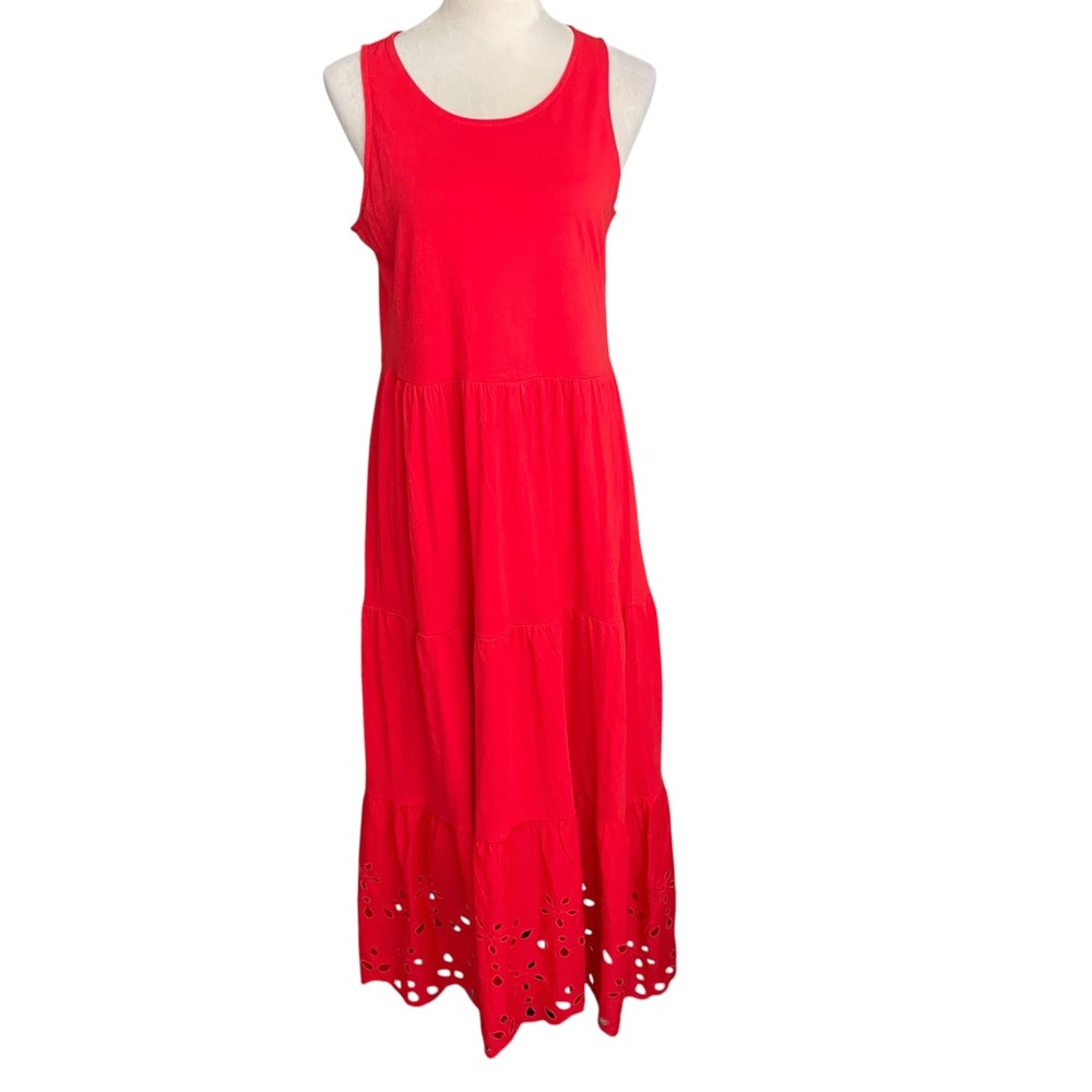 J. Crew Red Tiered Midi Dress Womens S Embroidered Eyelet Scalloped Hem Cotton
